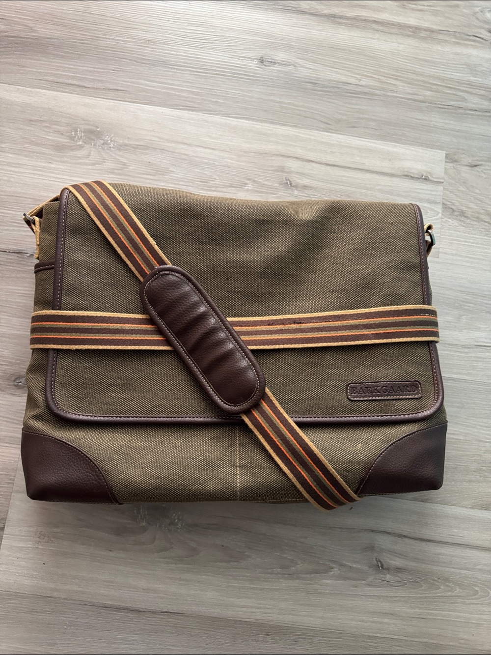 Brown Canvas Messenger Bag with Striped Shoulder Strap